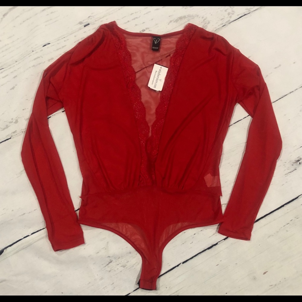 New red sheer bodysuit size medium